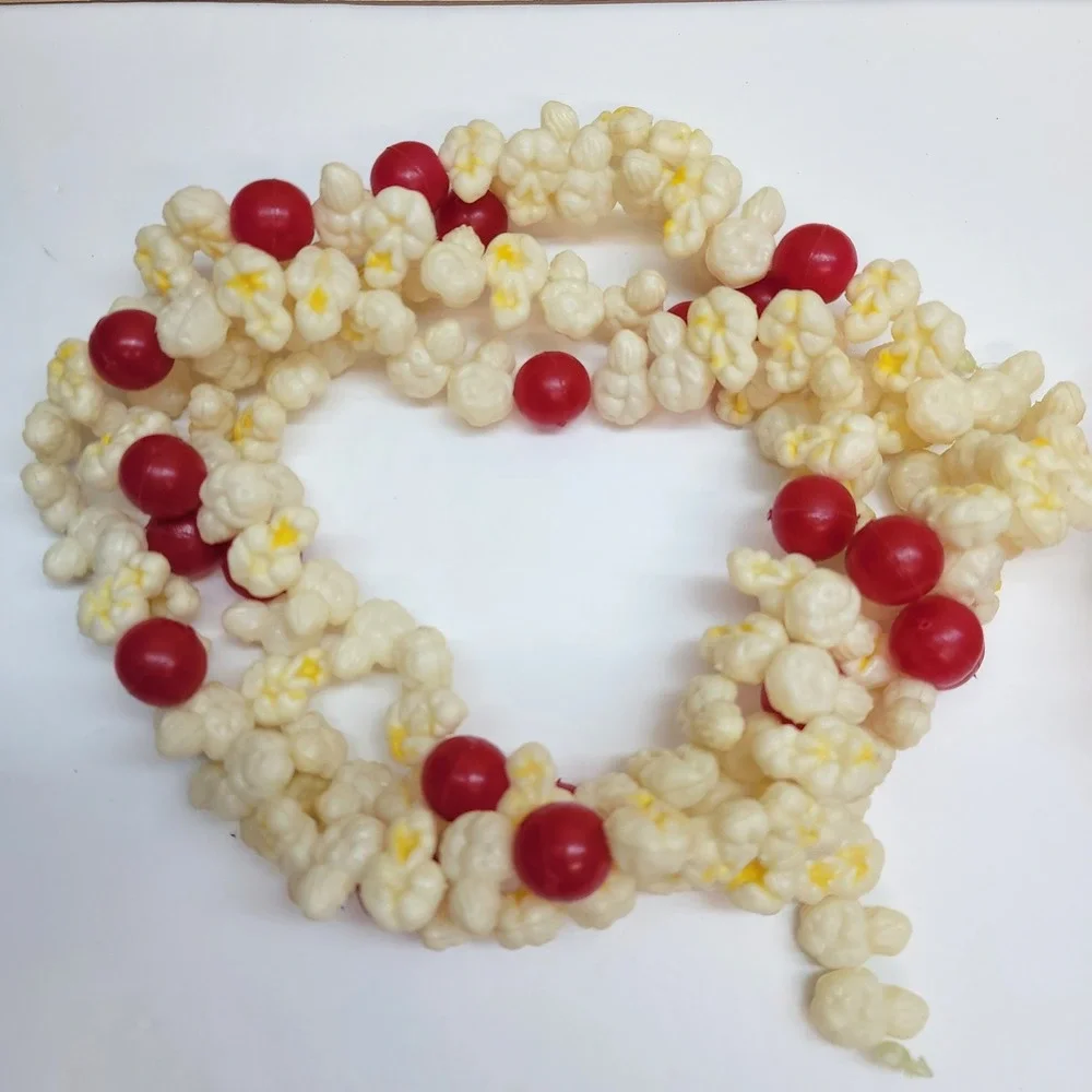 Vintage Plastic Popcorn and Cranberry Christmas Garland 8ft Strands Set 2